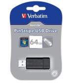 Pendrive, 64GB, USB 2.0, 10/4MB/sec, VERBATIM ”PinStripe”, fekete